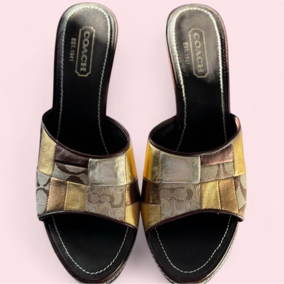 Coach Metallic Gold Patchwork Wedge Slide Sandals - Picture 2 of 3